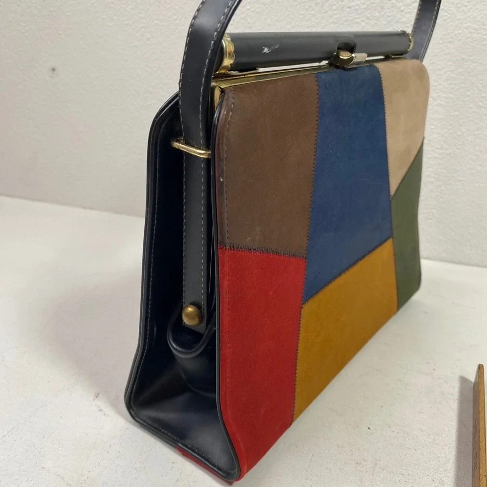 Vintage 60s Colorblock Patchwork Suede Leather Frame Handbag Mod Mid Century
